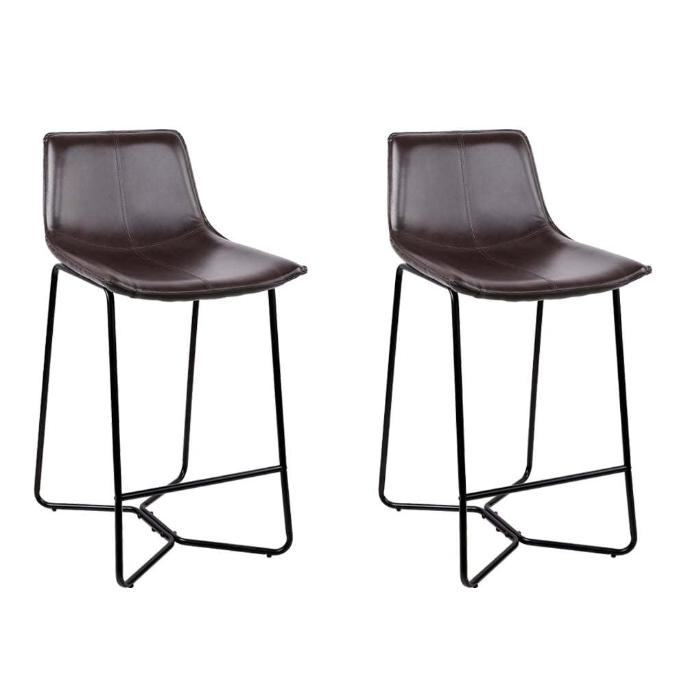 Set of 2 PU Leather Metal Bar Stools Brown and Black